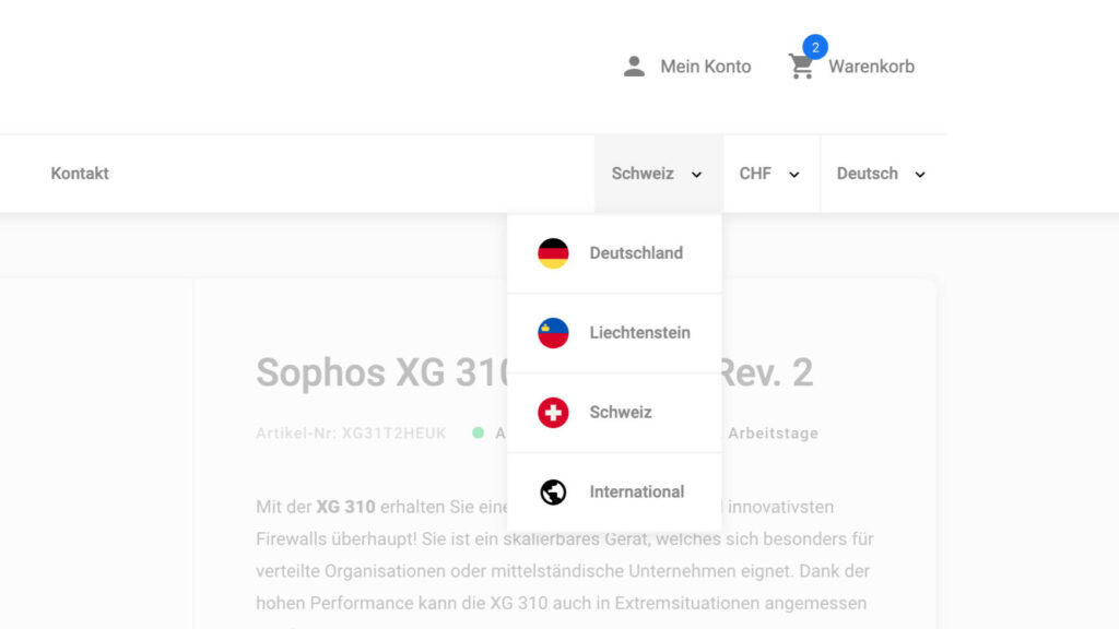 Select delivery country in the navigation