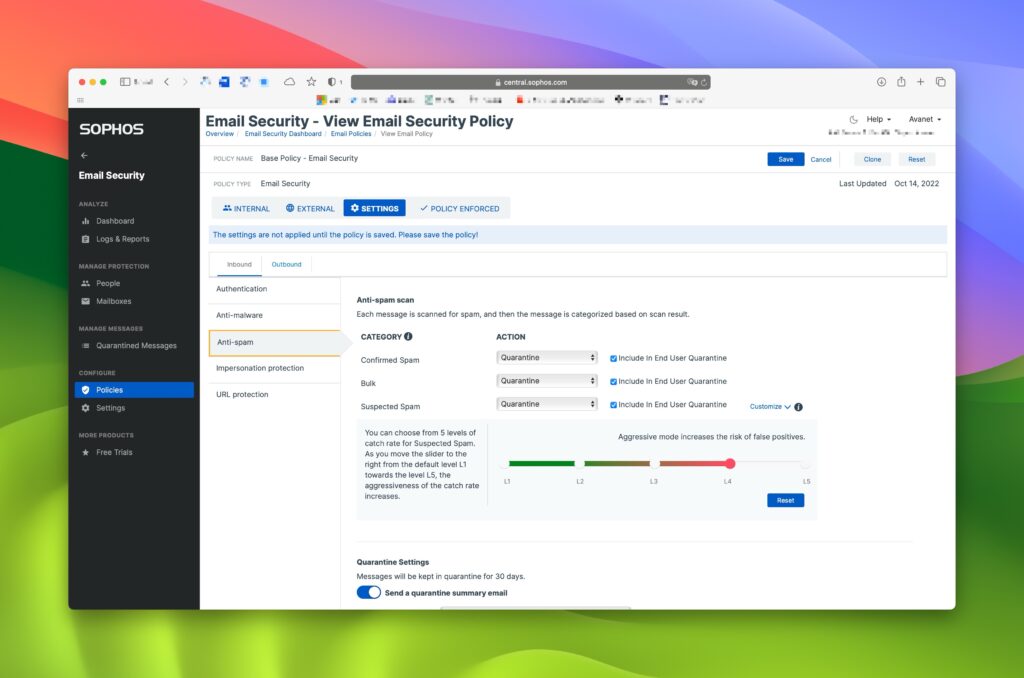 Sophos Central Email - política de seguridad de correo electrónico - modo agresivo