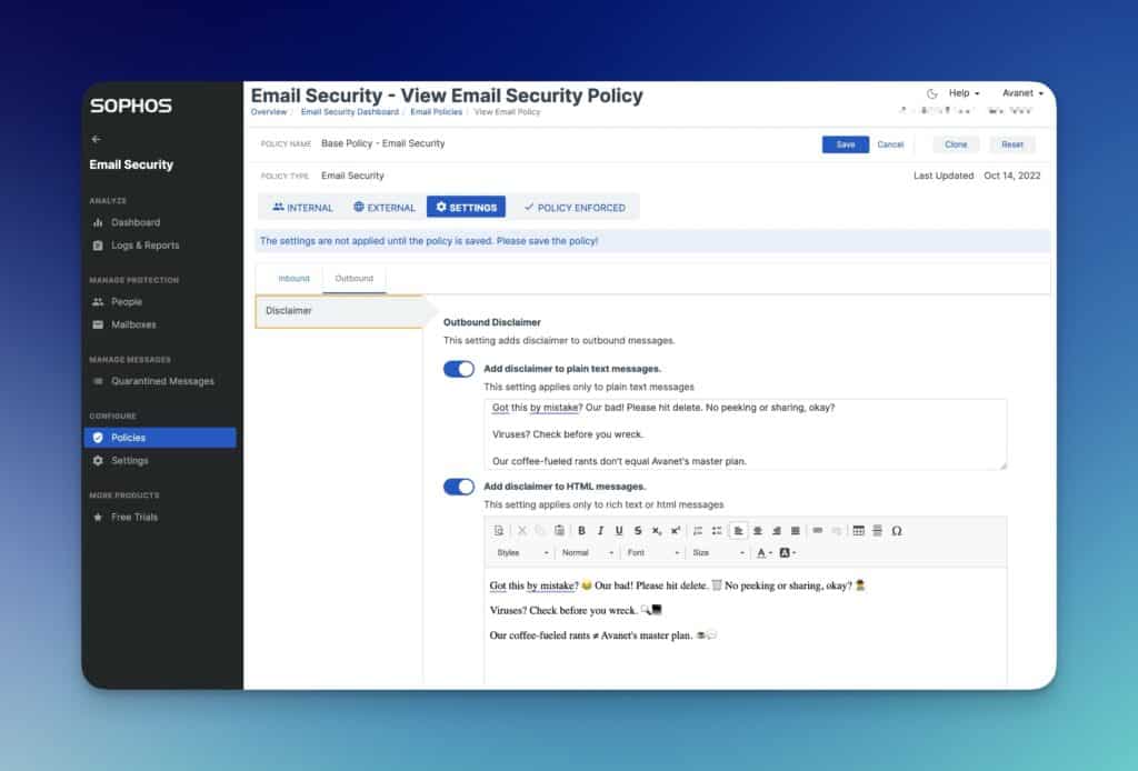 Sophos Central Email - Exención de responsabilidad de correo electrónico saliente