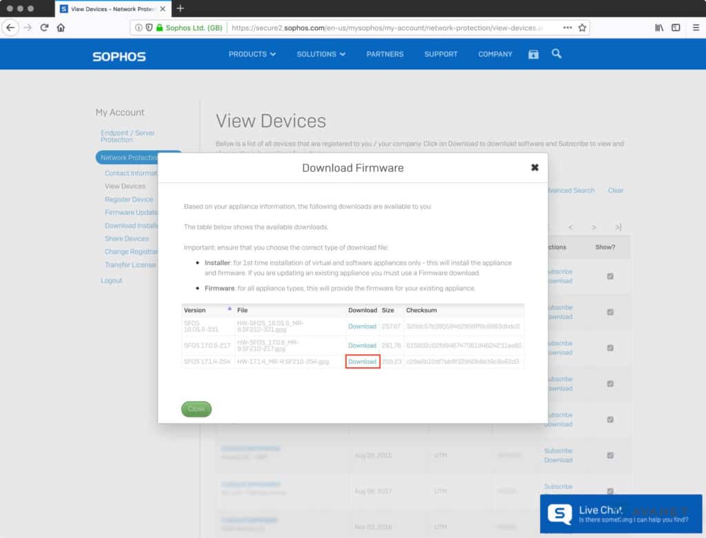 Cuenta de Sophos - Descargar el firmware del cortafuegos