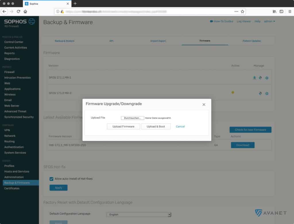 Actualización del firmware Sophos Firewall (cargar un nuevo archivo)