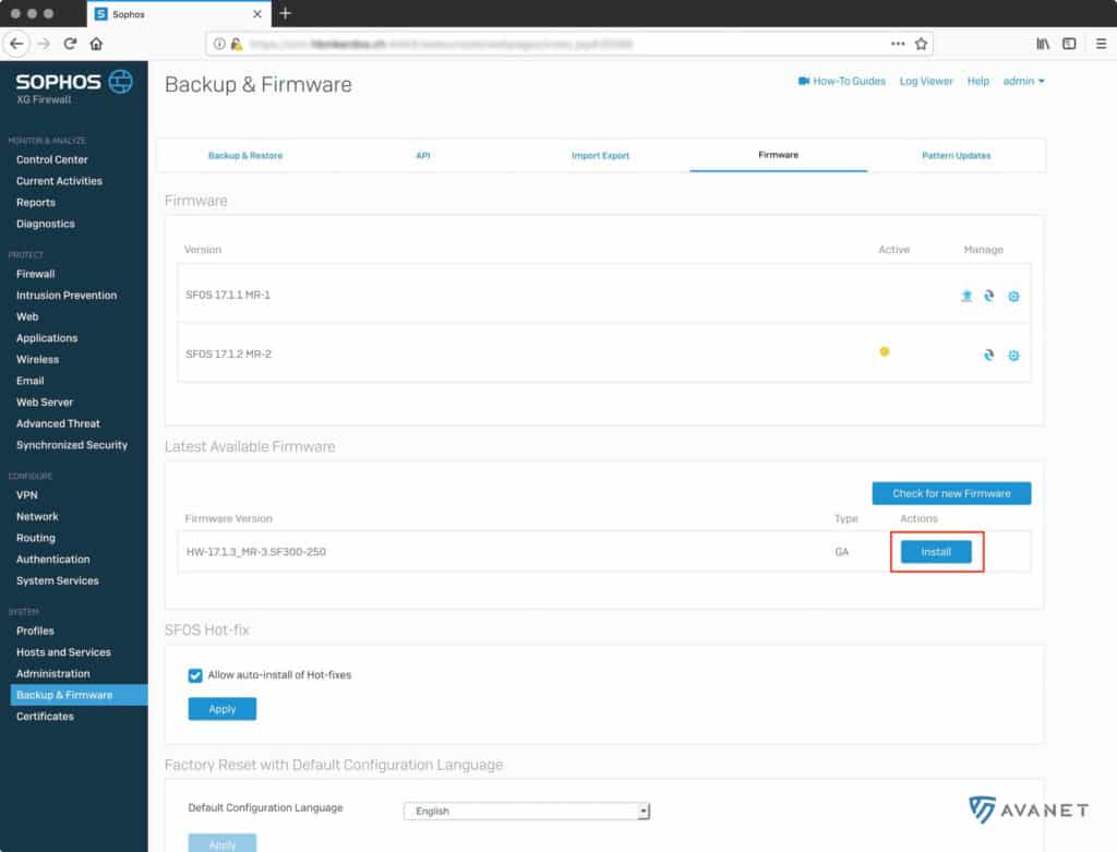 Sophos Firewall - Installer un nouveau firmware