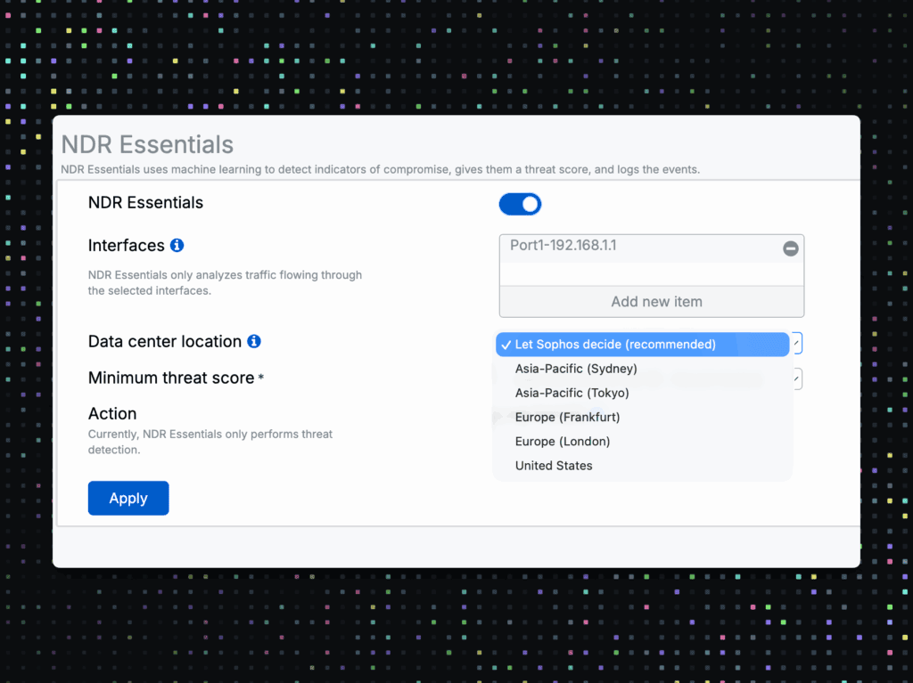 Sophos Firewall v21.5 MR1 - NDR Essentials Ubicación del centro de datos
