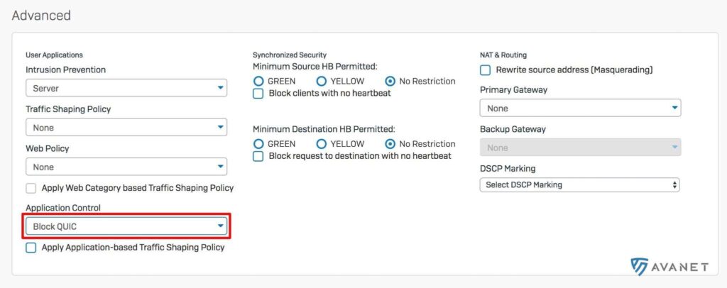 Select QUIC filter under Application Control