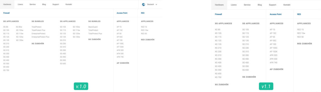 Visual differences from the old hardware menu v1.0 to the new hardware menu v1.1