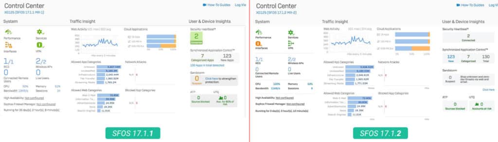 Visual differences on the Sophos Central dashboard in the new version 17.1.2