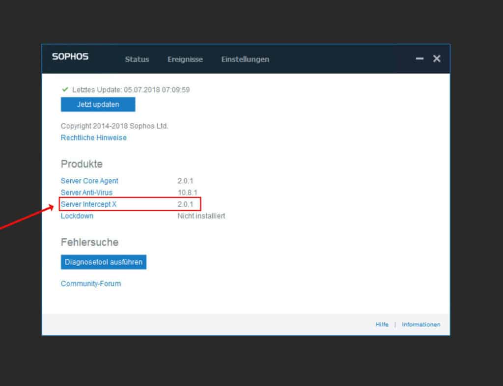 Sophos Intercept X Advanced for Server Infofenster