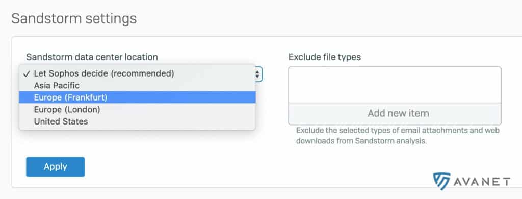 Sophos Firewall SFOS Option um Analyse Datenzentrum zu wählen