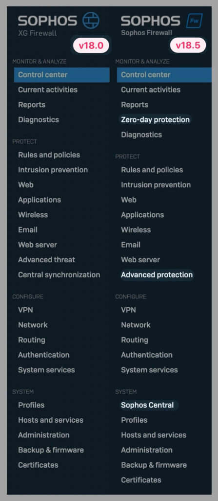 Comparison of navigation SFOS v18.0 and v18.5