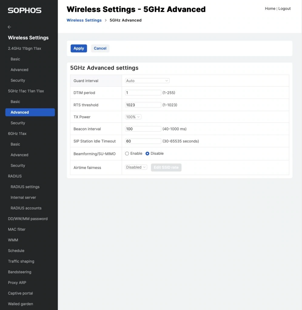 Sophos AP6 Webinterface - Wireless Settings