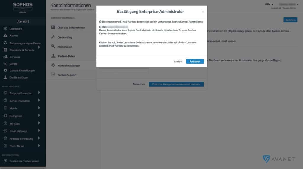 Bestätigen des Sophos Central Enterprise Administrators
