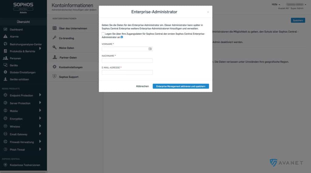 Daten für den Sophos Central Enterprise Administratoren eingeben