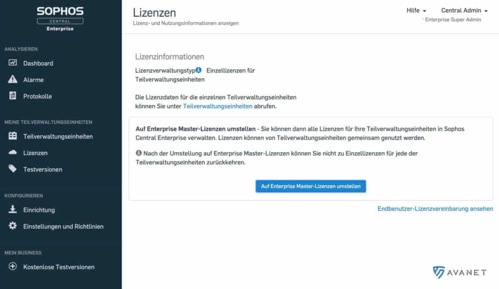 Sophos Central Enterprise Management aktivieren