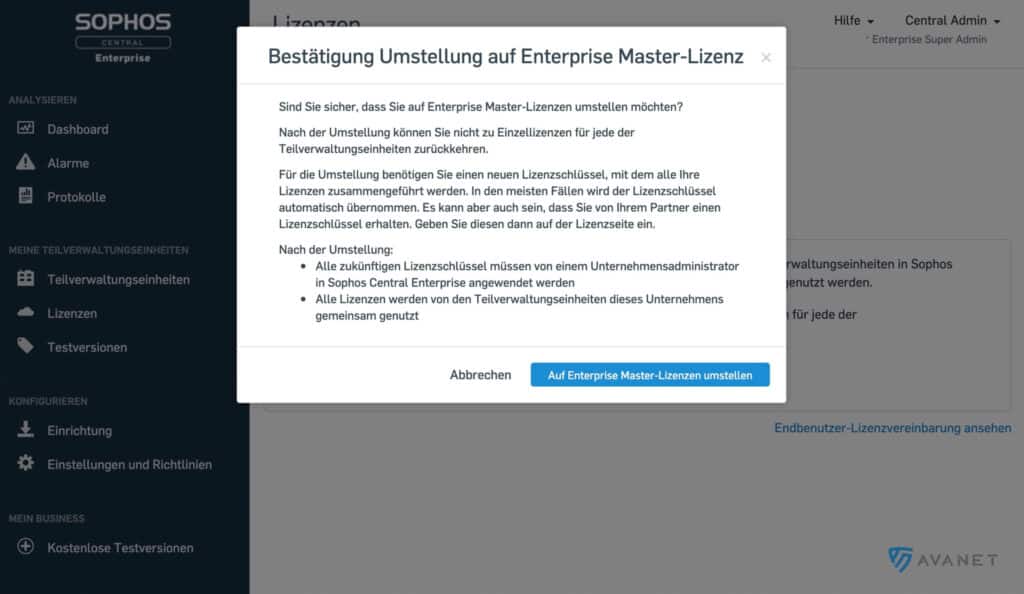 Sophos Central Enterprise Management Bestätigung