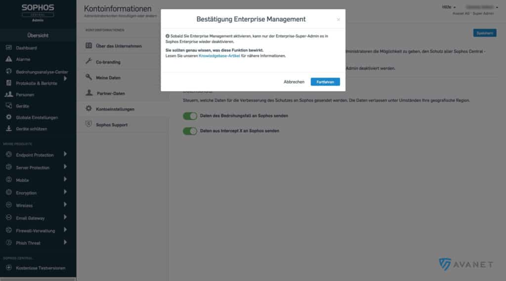 Sophos Central Enterprise Management Confirmation