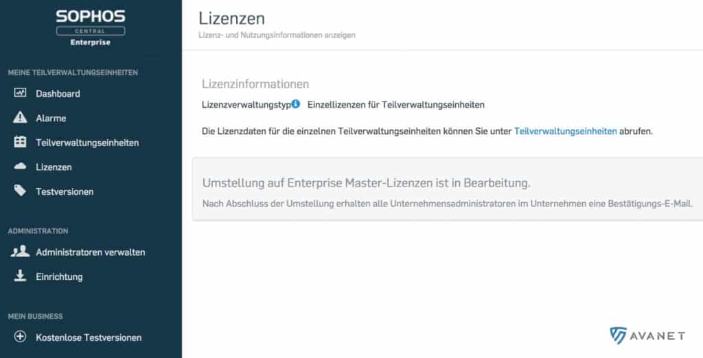 Daten für den Sophos Central Enterprise Administratoren eingeben