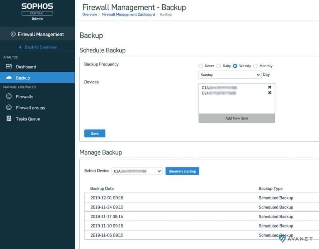 Sophos Central Firewall Management - manage backup