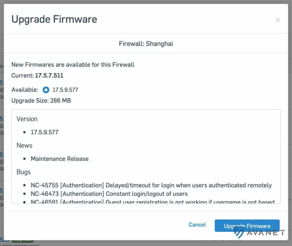 Sophos Central Firewall Management - upgrade firmware