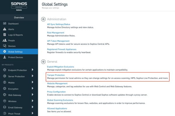 Disable Sophos Central tamper protection