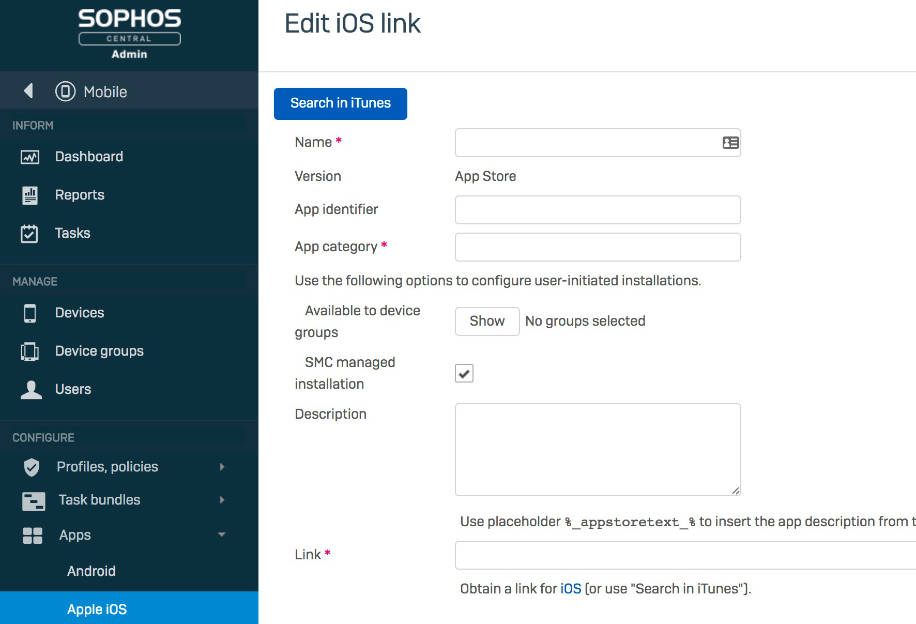 Gestione delle app mobili di Sophos Central 