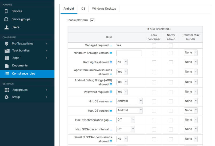 Reglas de cumplimiento de Sophos Central Mobile