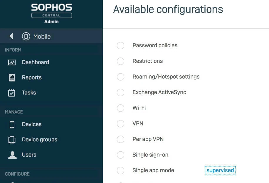 Criteri di Sophos Central Mobile Profiles