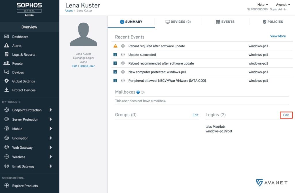 Sophos Central Benutzer – Logins editieren