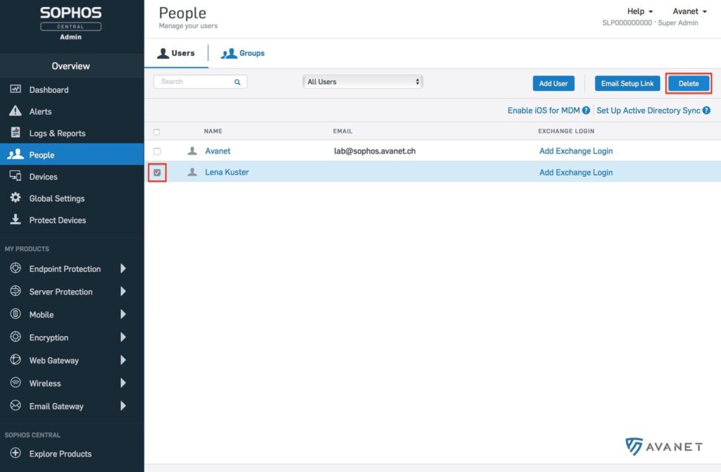 Sophos Central Benutzer entfernen