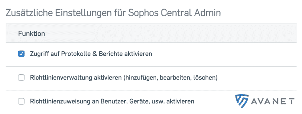 Zusätzliche Rollen-Einstellungen für Sophos Central Admin