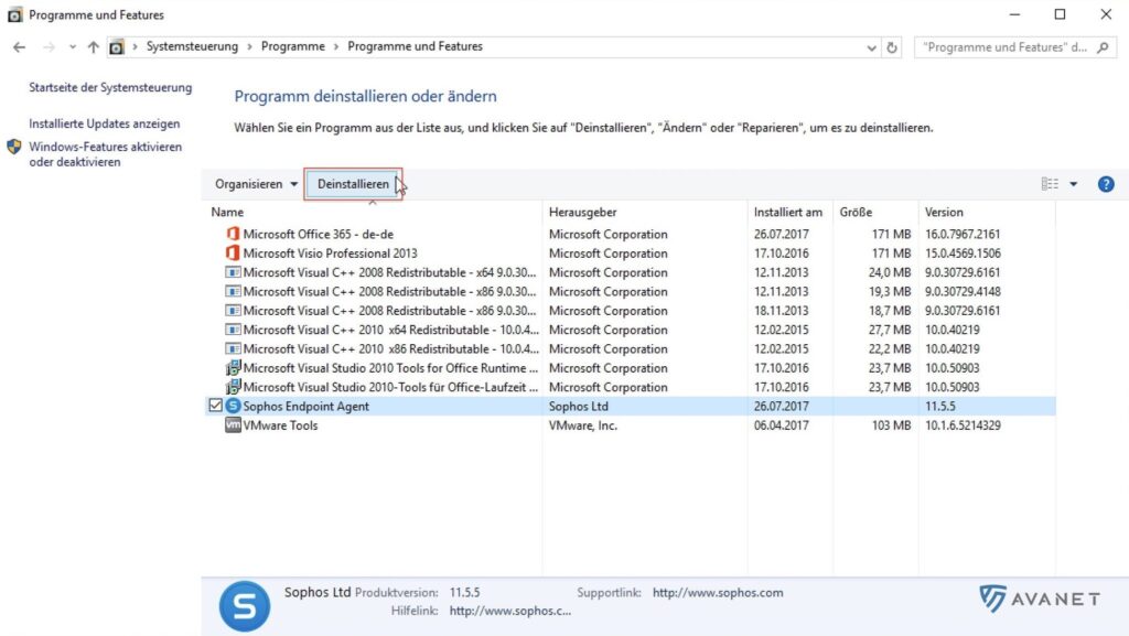 Sophos Endpoint Client deinstallieren