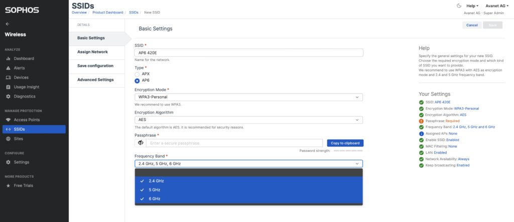 Sophos Central Wireless - Create New AP6 SSID