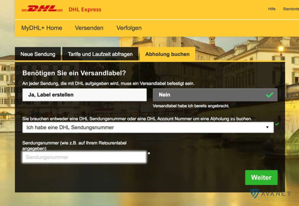 Formulario de DHL para devolver un paquete