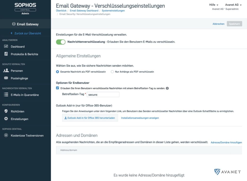 Email Gateway Verschlüsselungseinstellungen