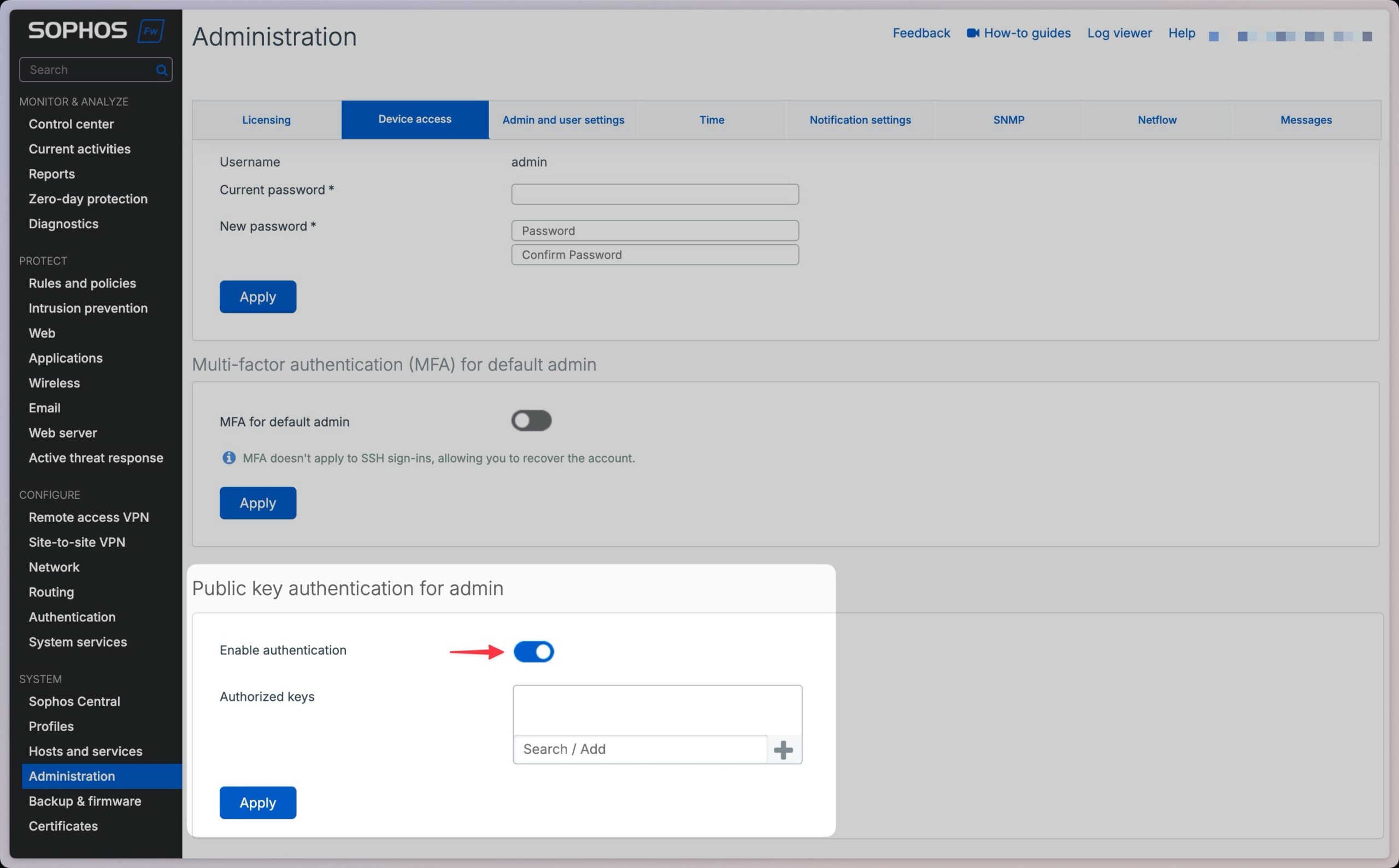 Sophos Firewall - Public Key für SSH Zugriff hinterlegen
