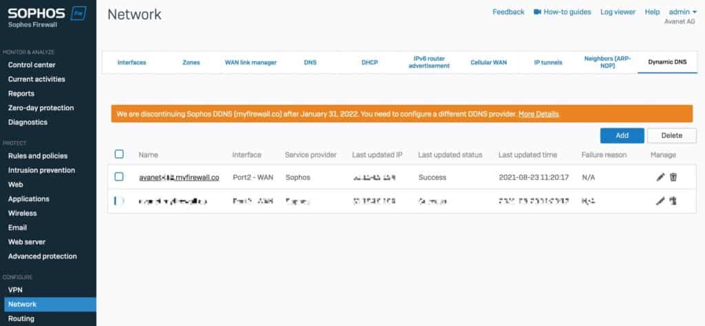 Sophos DDNS server is discontinued