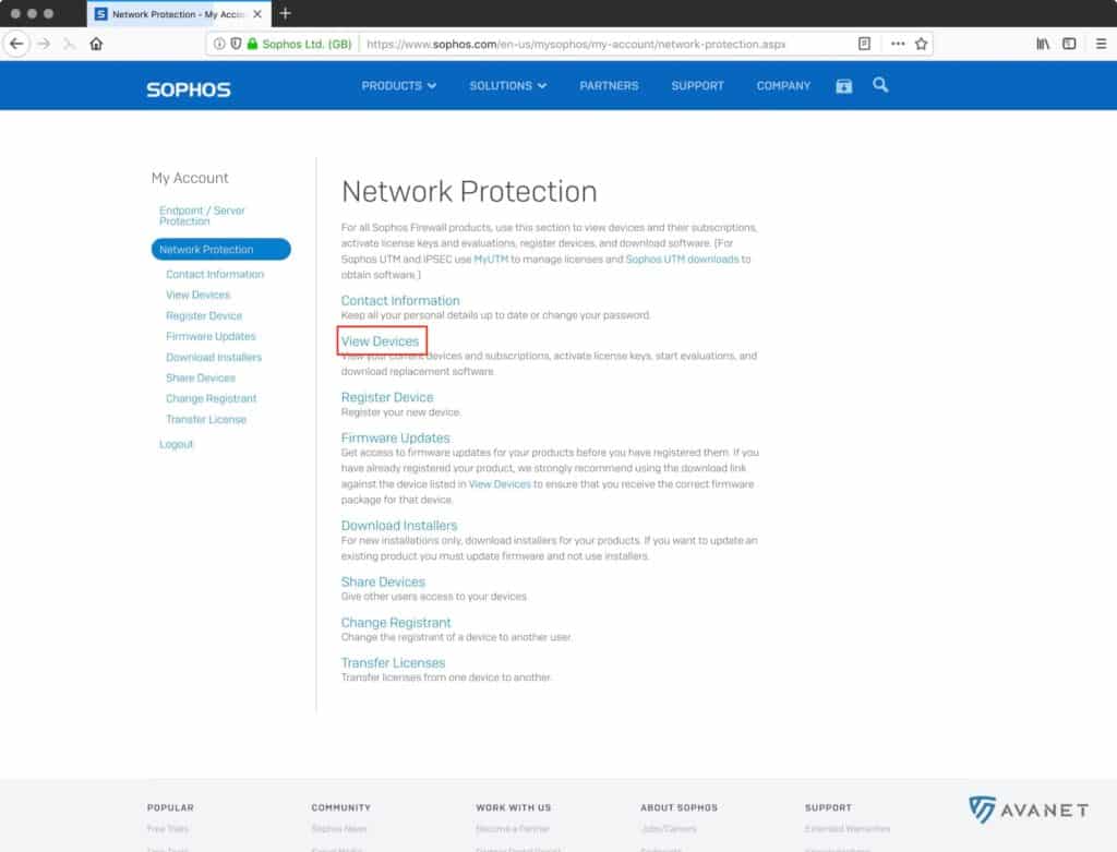 Sophos Account - Menü View Devices