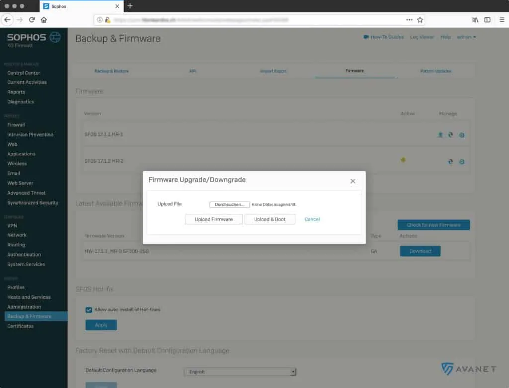 Aggiornamento del firmware Sophos Firewall (caricamento di un nuovo file)