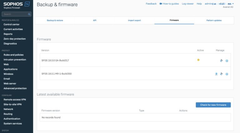 Aggiornamento del firmware del firewall Sophos SFOS v19 MR1