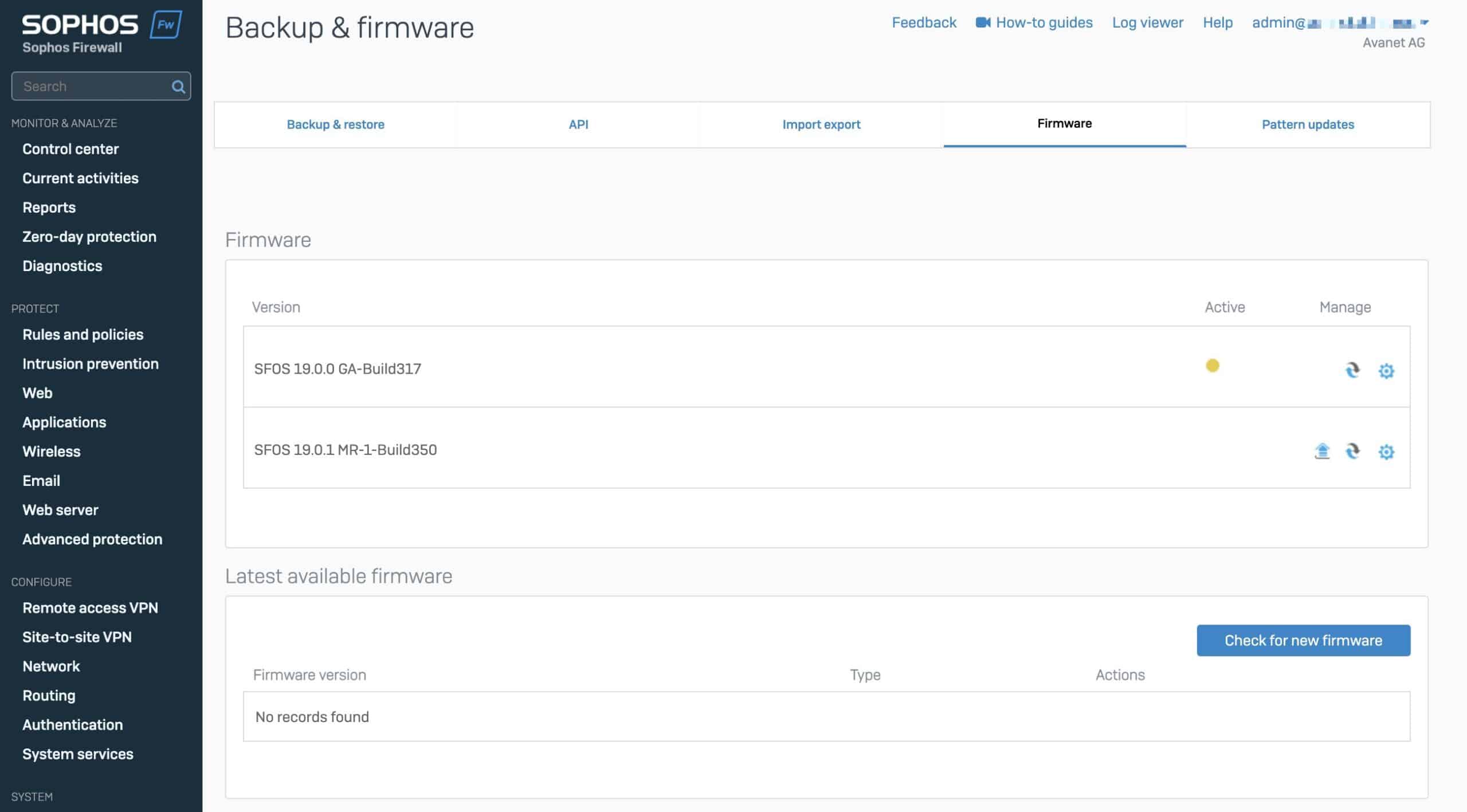 Aggiornamento del firmware del firewall Sophos SFOS v19 MR1