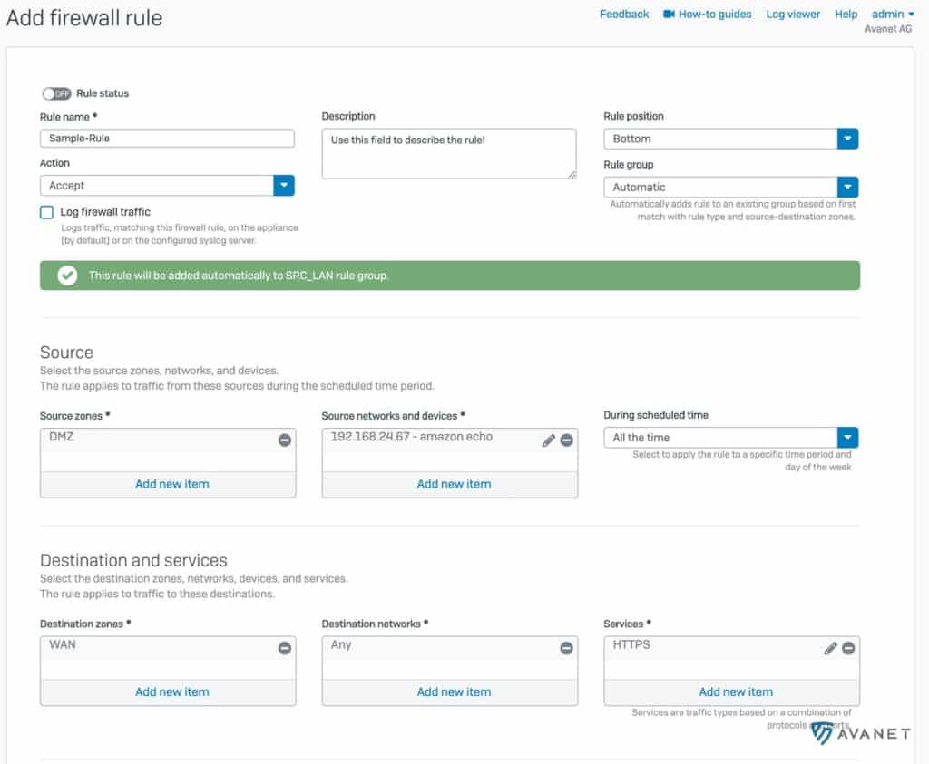 Sophos SFOS v18 firewall rules status