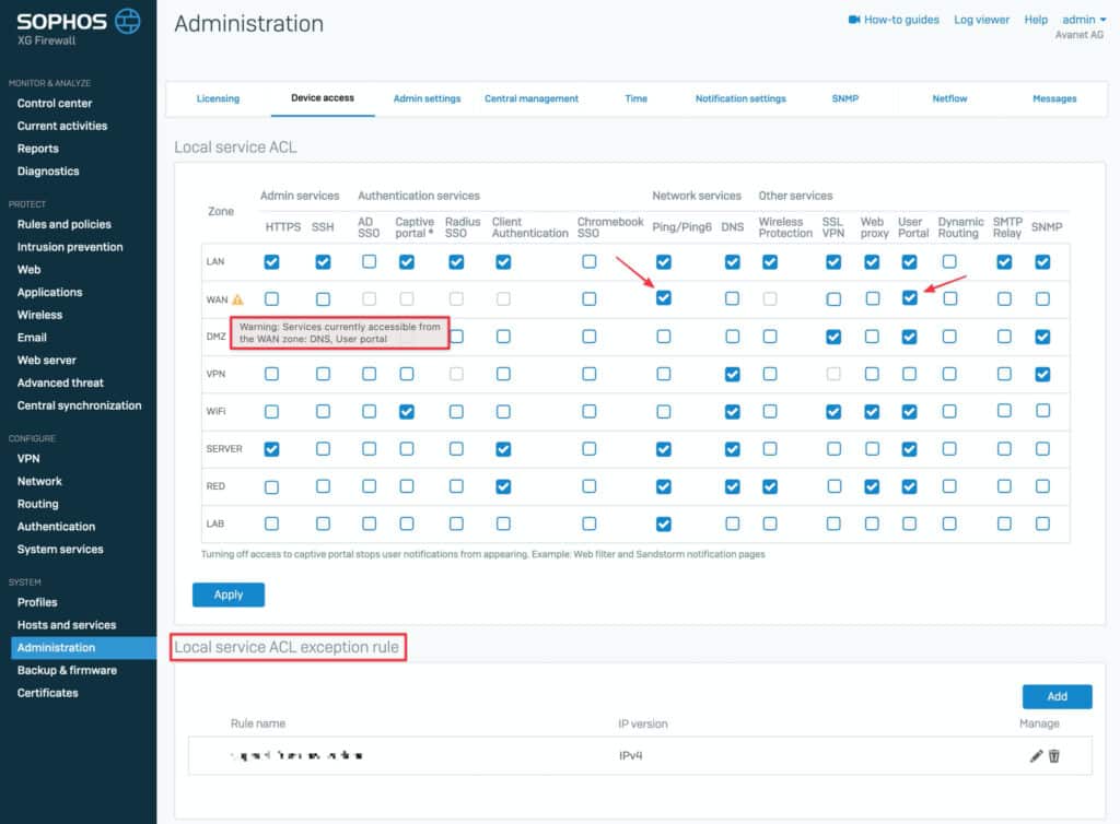 Sophos Firewall - Device access WAN Zugriff absichern