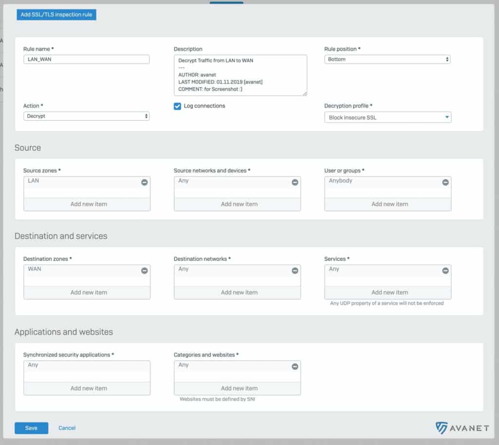 Sophos SFOS v18 SSL TLS Inspection Rule