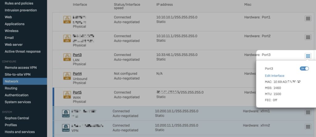 Sophos Firewall v20 Interface on/off or enable/disable toggle