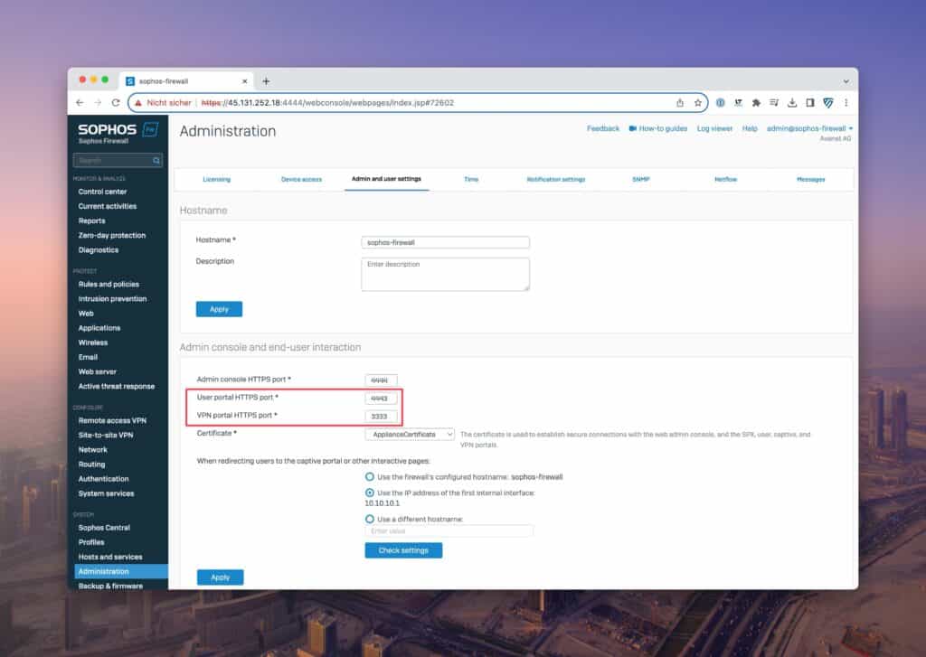 Sophos Firewall v20 - New user portal and VPN portal port settings