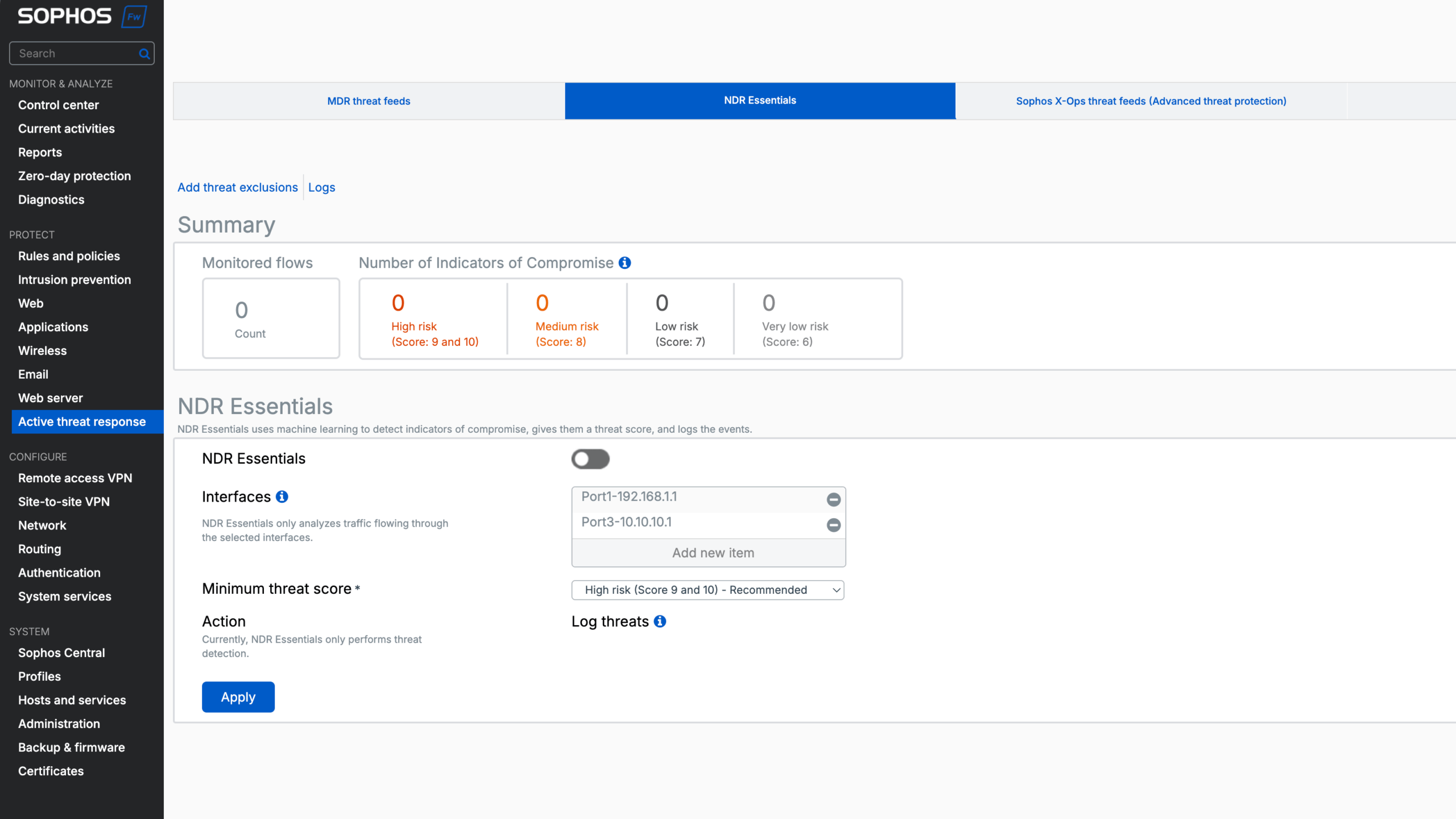 Sophos Firewall v21.5 - Paramètres NDR Essentials