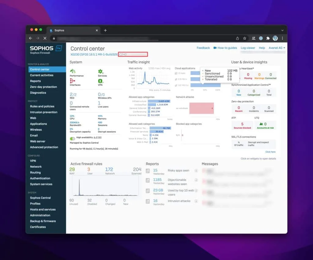 SFOS Dashboard mit der markierten Seriennummer