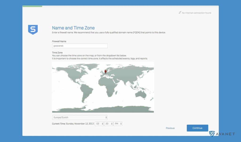 Sophos Firewall Wizard - Name und Zeitzone