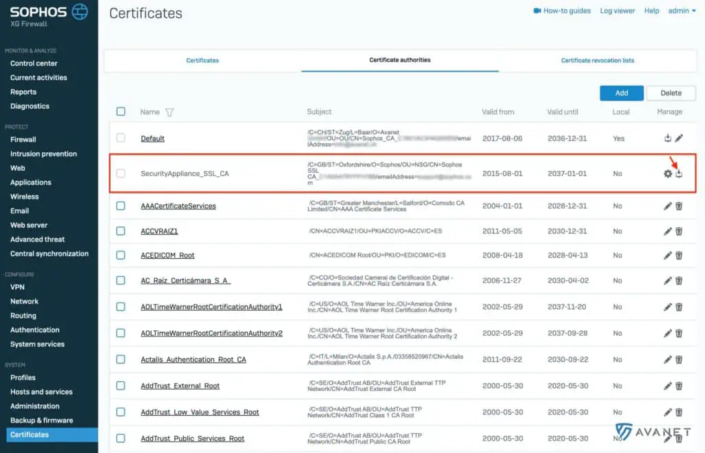 Sophos SSL CA Zertifikat herunterladen