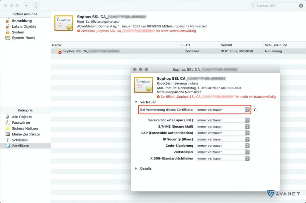 macOS Schlüsselbundverwaltung - Zertifikat vertrauen