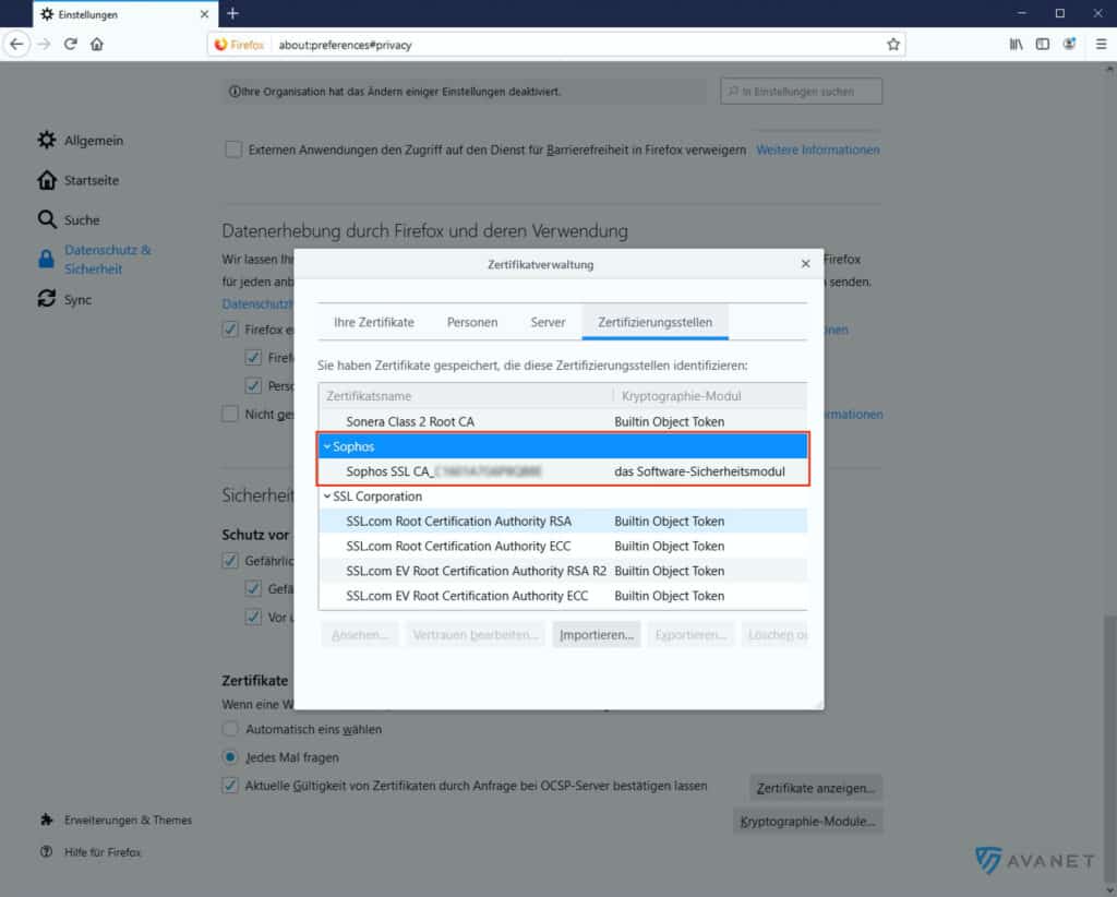 Firefox certificate management with the Sophos certificate